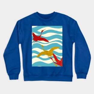 RED YELLOW FLYING CRANES ON WHITE BLUE OCEAN WAVES Crewneck Sweatshirt